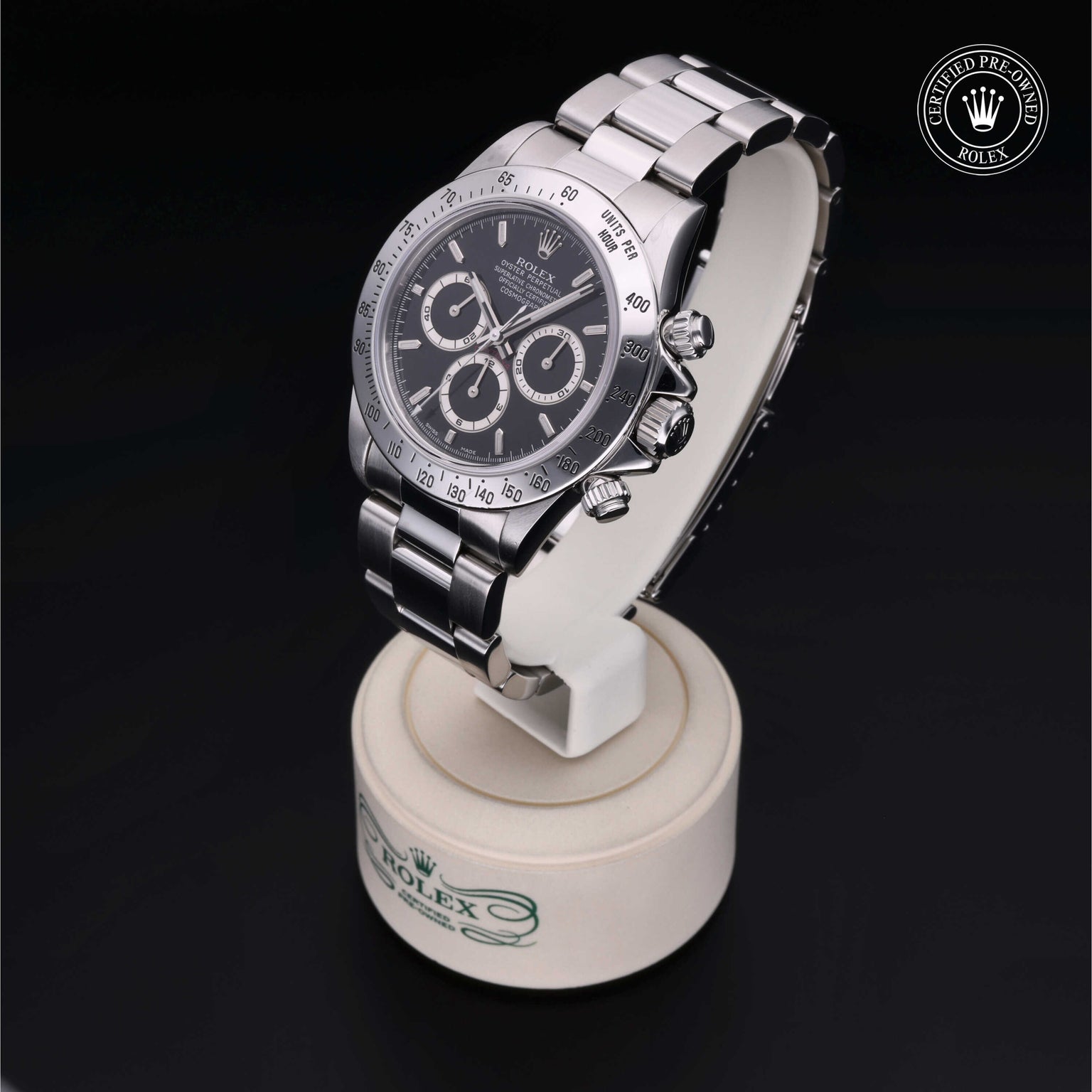 Rolex Certified Pre-owned Daytona M16520-0002 front on black background