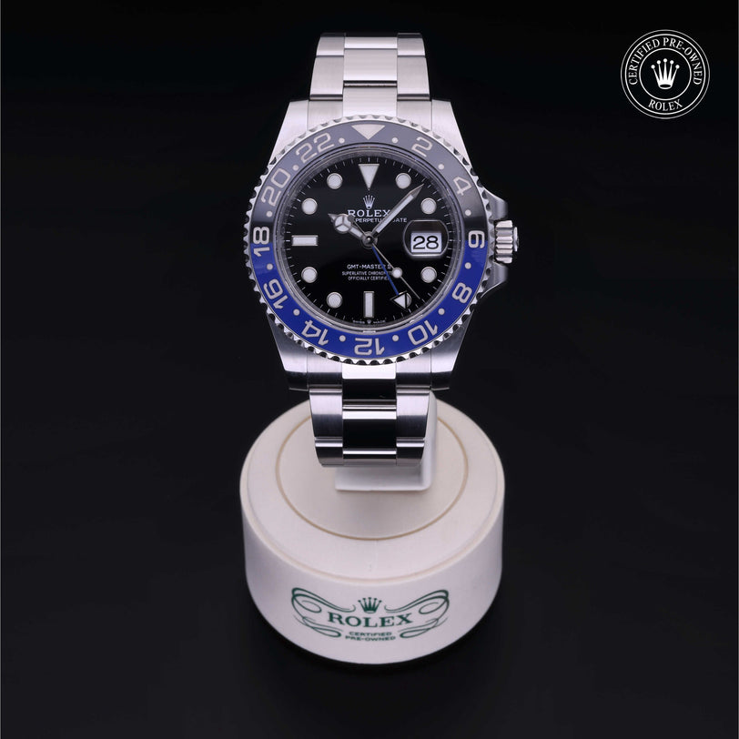 Rolex Certified Pre-owned GMT M126710BLNR-0003 front on black background