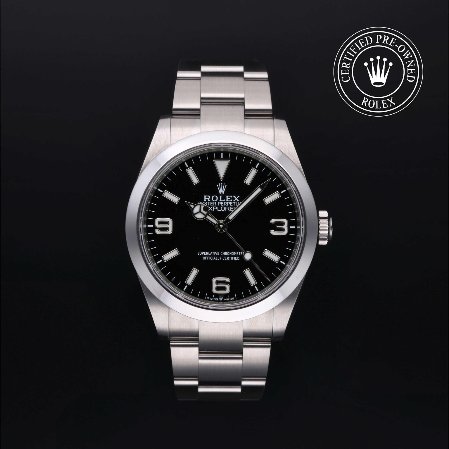 Rolex Certified Pre-owned Explorer M224270-0001 front on black background