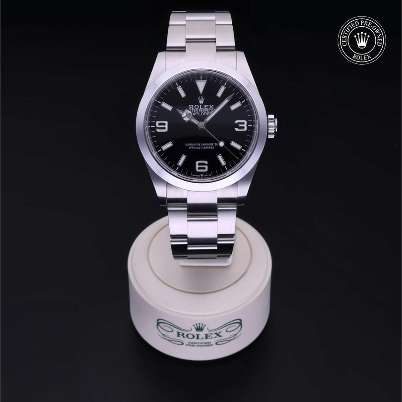 Rolex Certified Pre-owned Explorer M224270-0001 front on black background