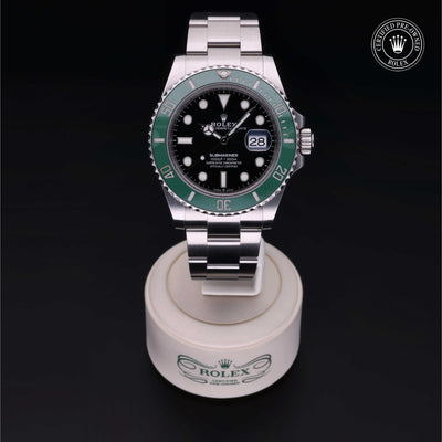 Rolex Certified Pre-owned Submariner M126610LV-0002 front on black background