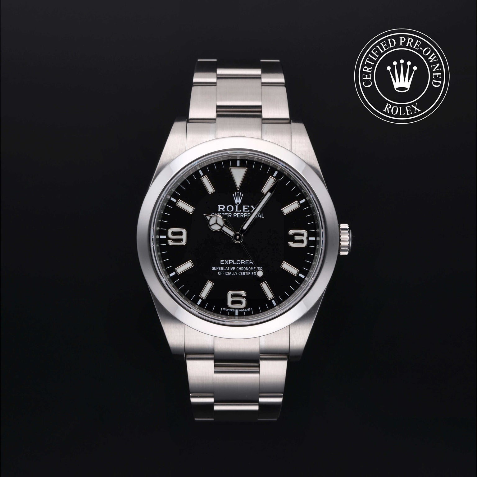 Rolex Certified Pre-owned Explorer M214270-0003 front on black background
