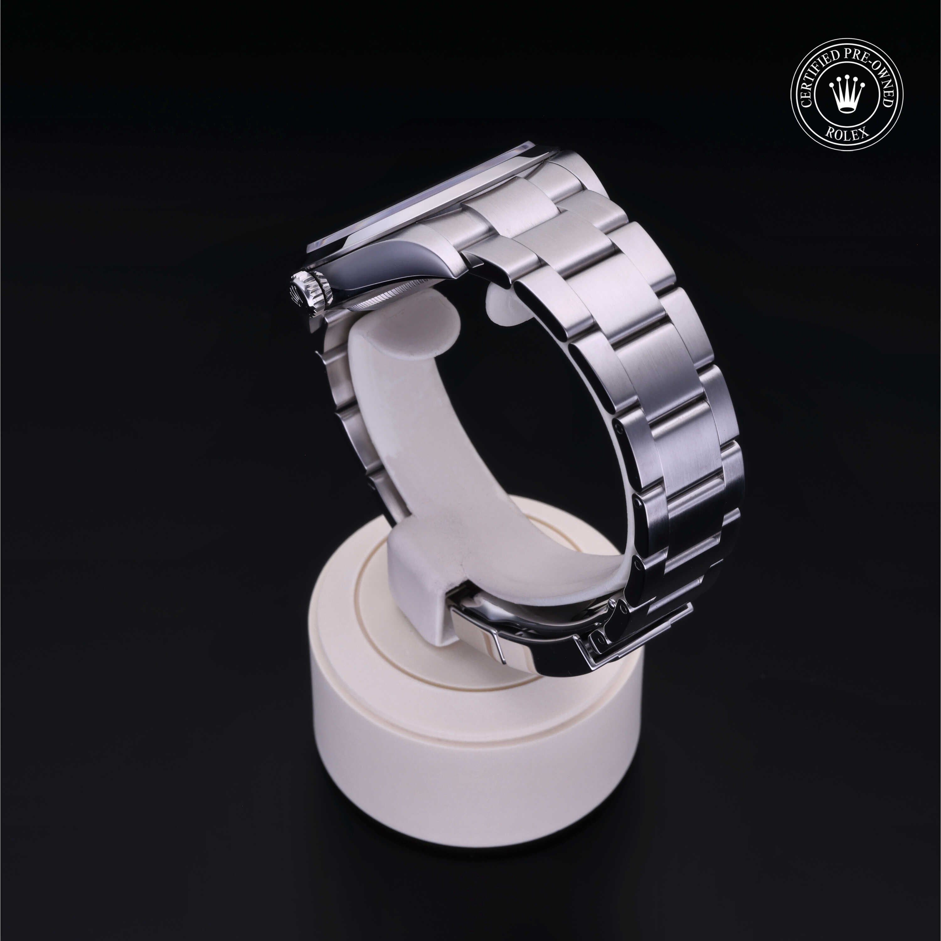 Rolex Certified Pre-owned Explorer M214270-0003 front on black background