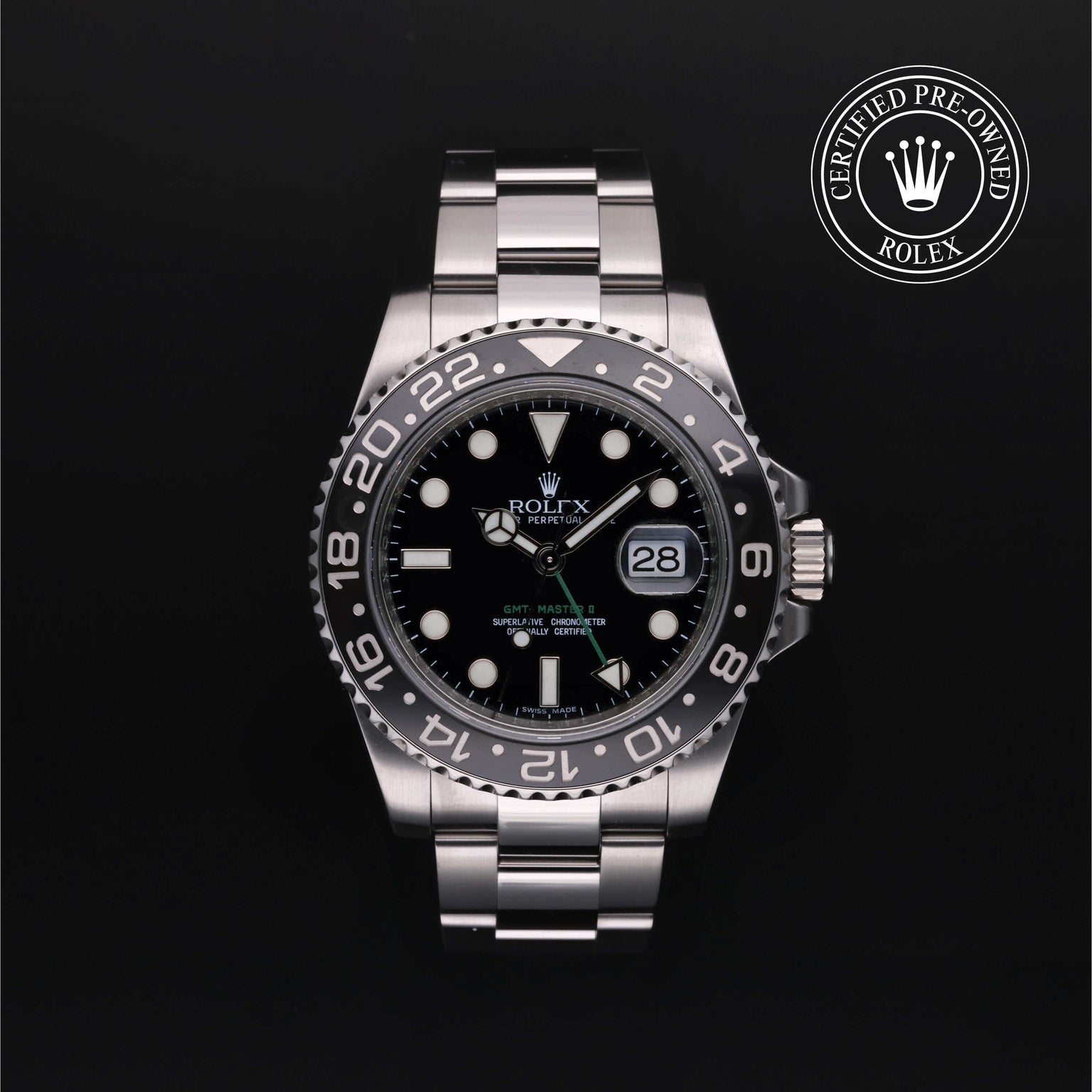 Rolex Certified Pre-owned GMT M116710LN-0001 front on black background