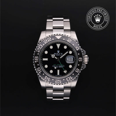 Rolex Certified Pre-owned GMT M116710LN-0001 front on black background