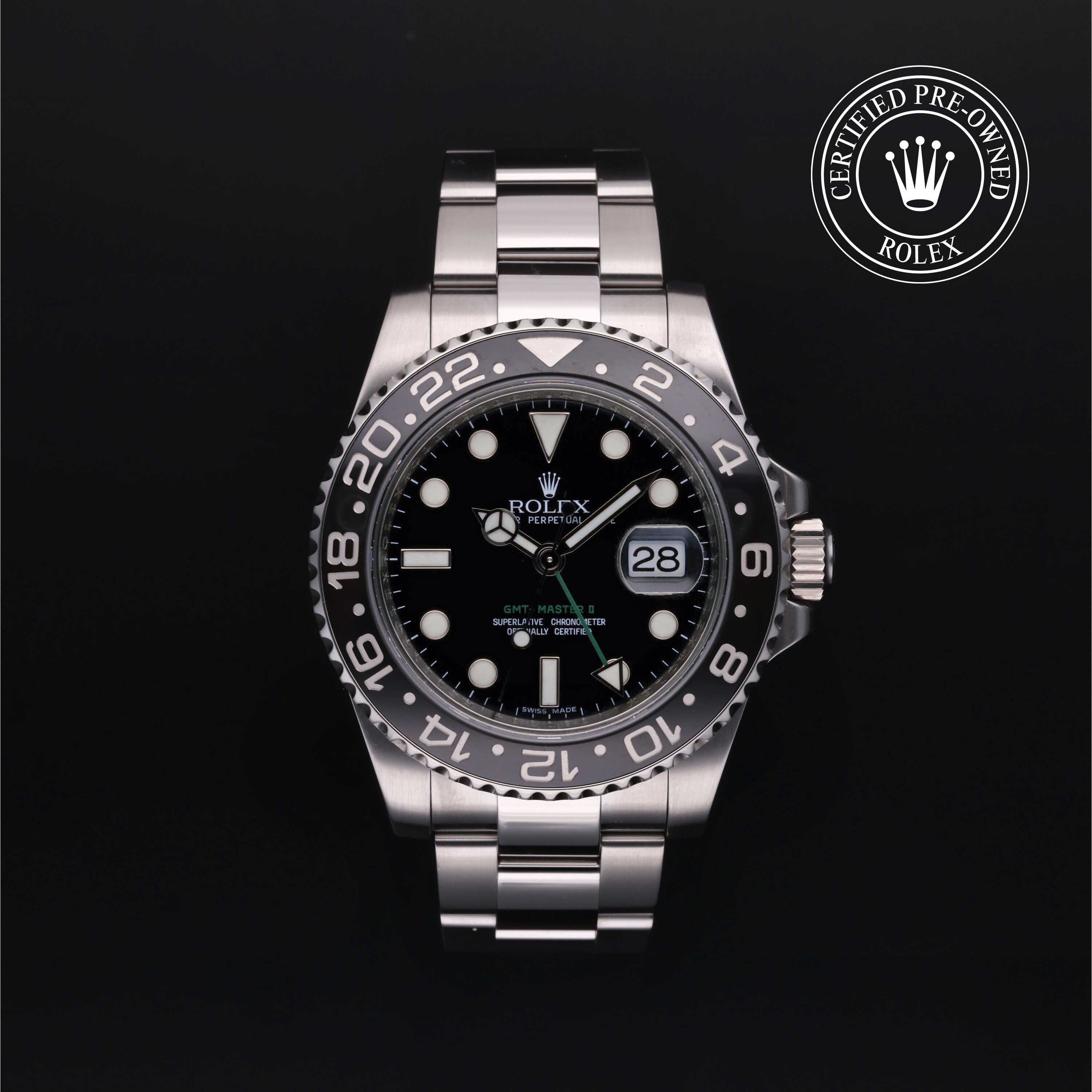 Rolex Certified Pre-owned GMT M116710LN-0001 front on black background