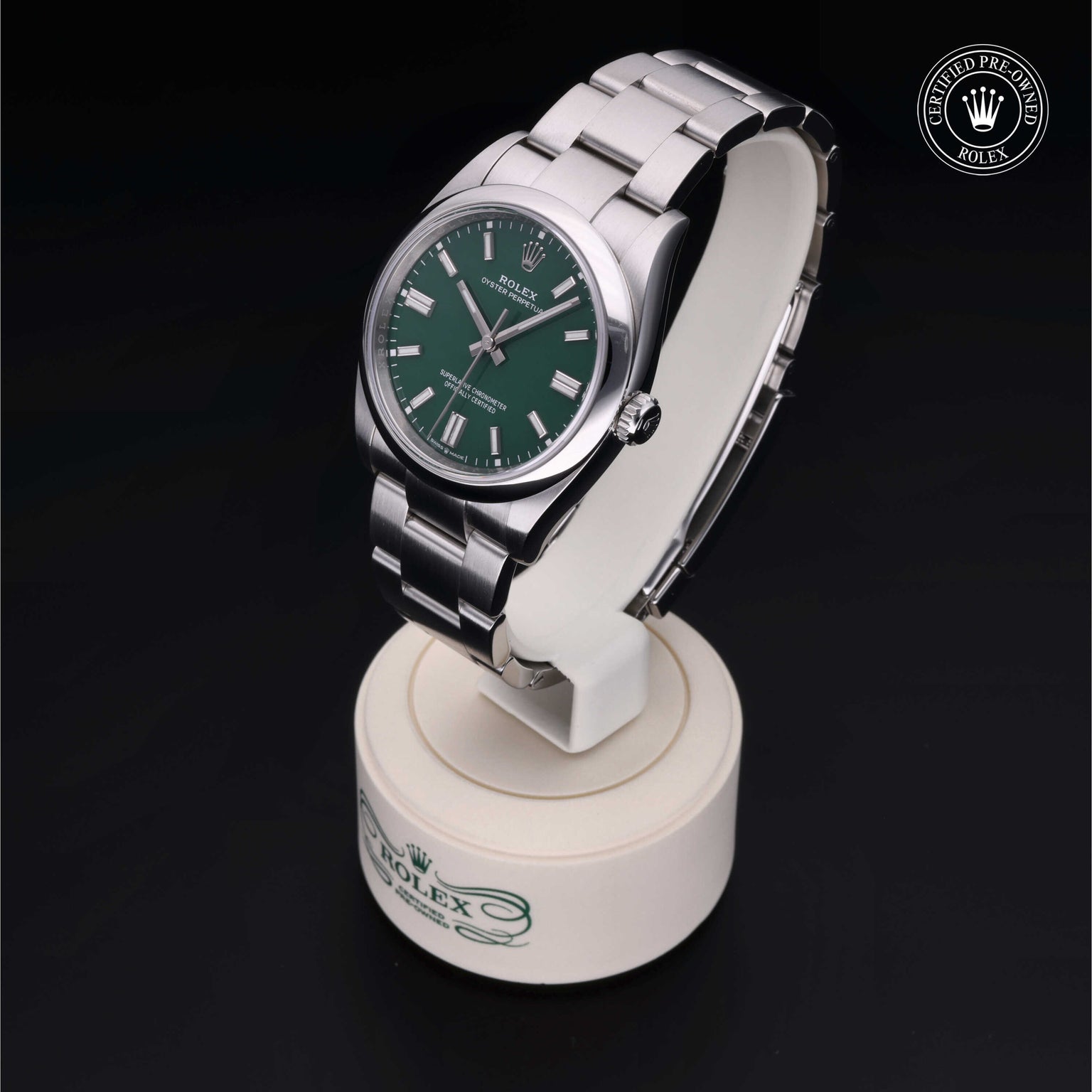 Rolex Certified Pre-owned Oyster Perpetual M126000-0005 front on black background