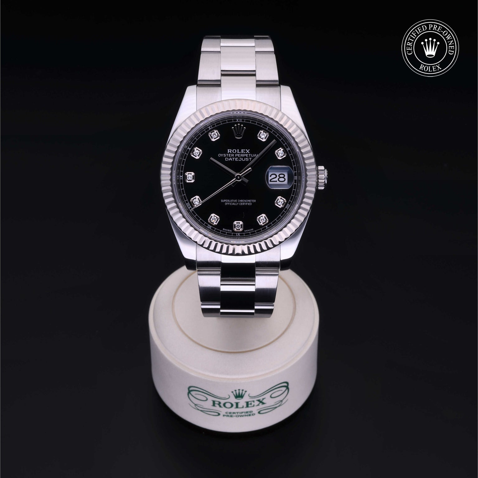 Rolex Certified Pre-owned Datejust M126334-0011 front on black background