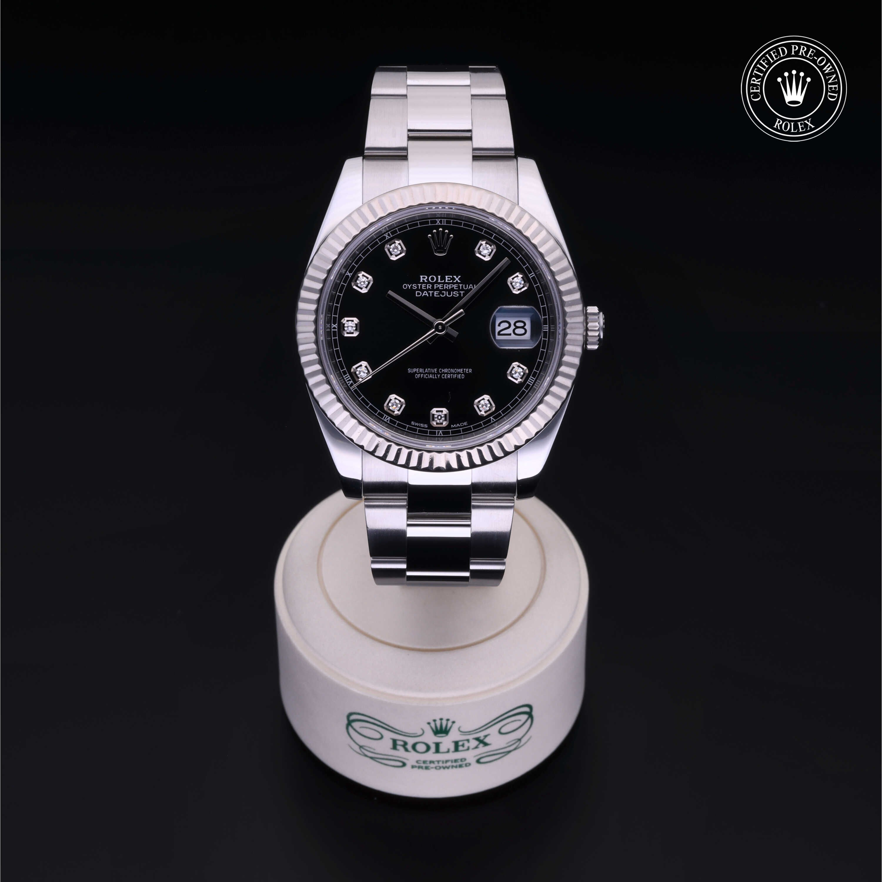 Rolex Certified Pre-owned Datejust M126334-0011 front on black background