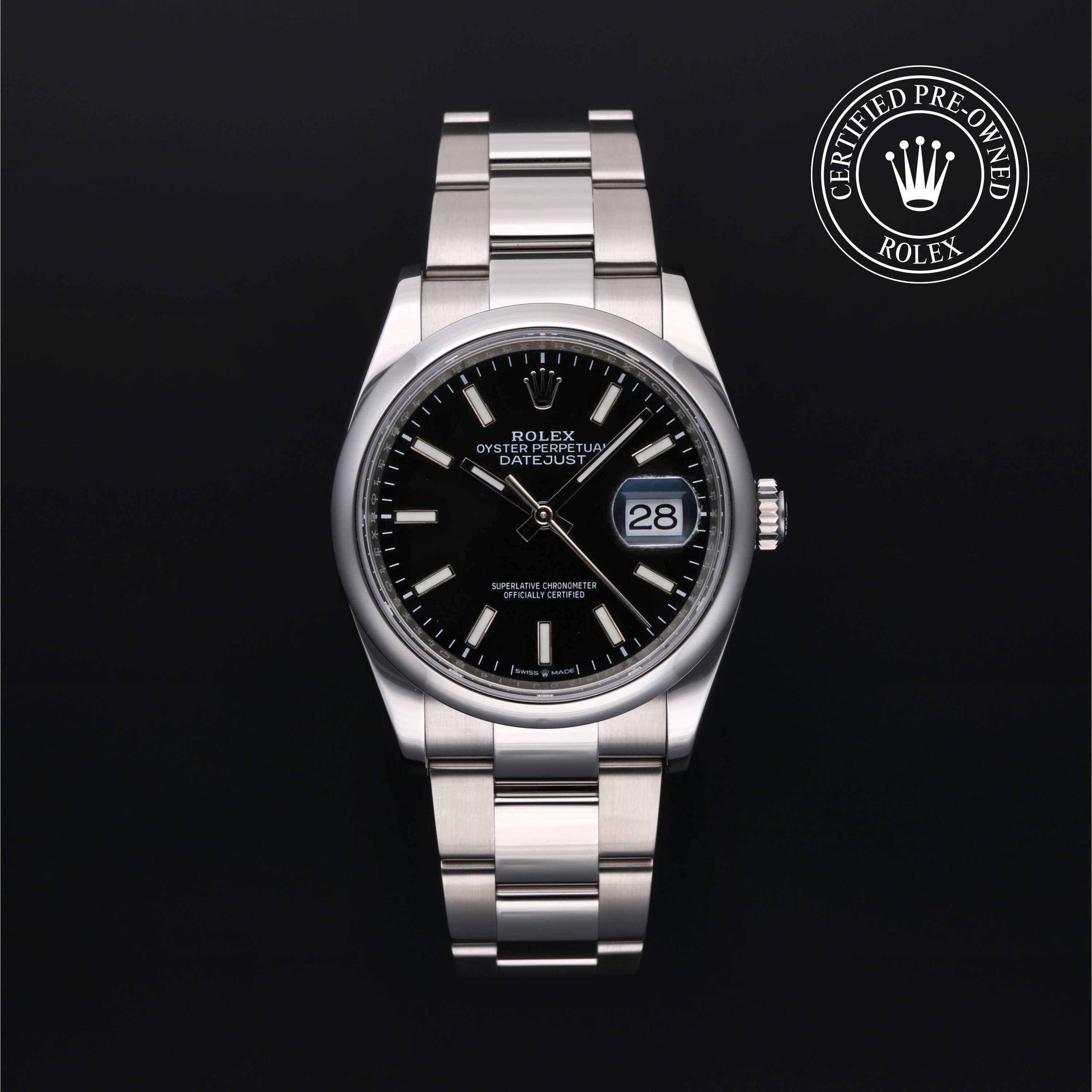 Rolex Certified Pre-owned Datejust M126200-0004 front on black background