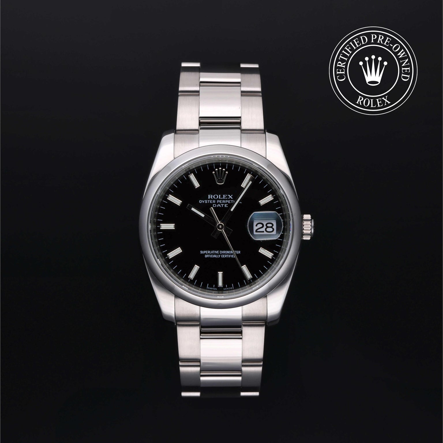 Rolex Certified Pre-owned Oyster Perpetual M115200-0004 front on black background
