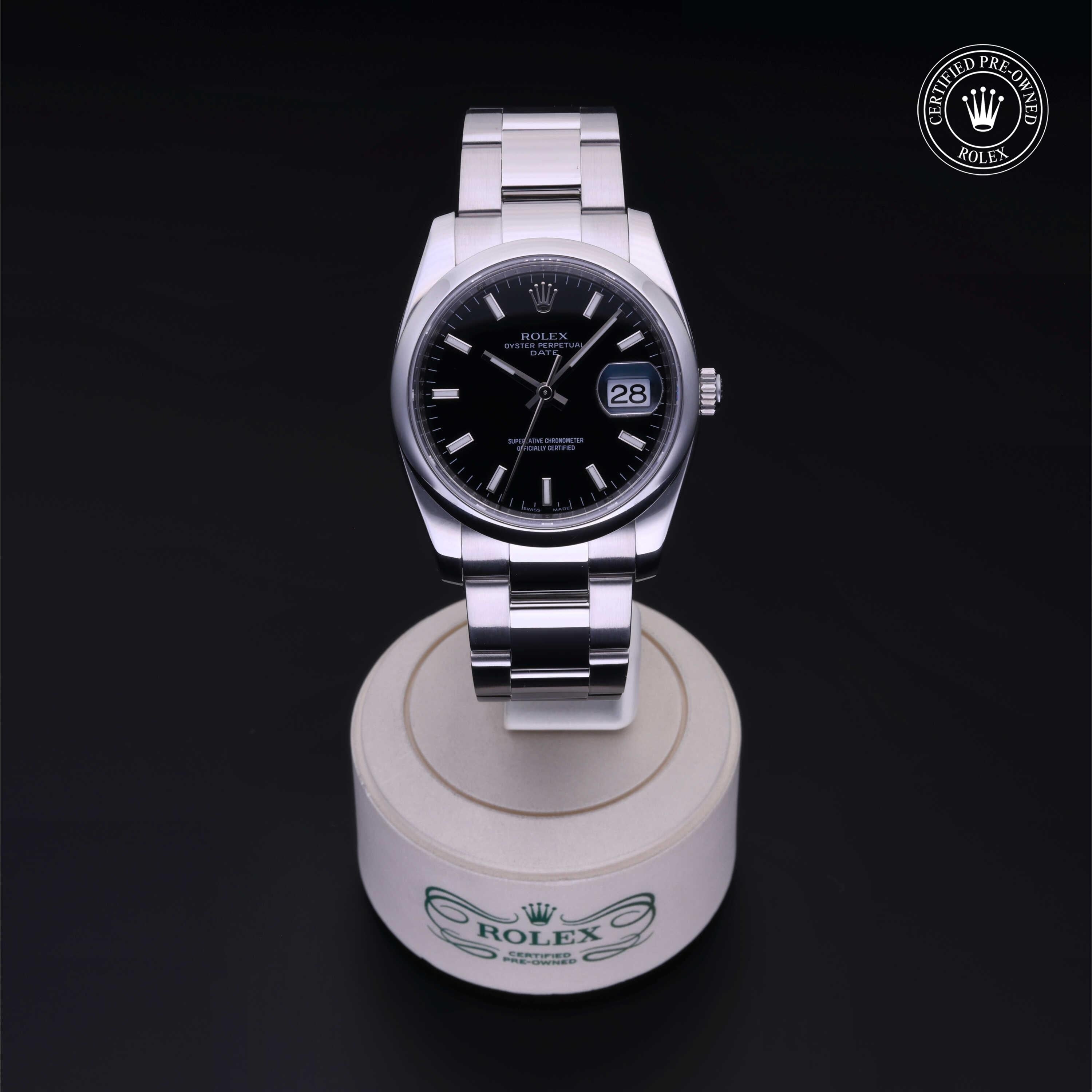 Rolex Certified Pre-owned Oyster Perpetual M115200-0004 front on black background