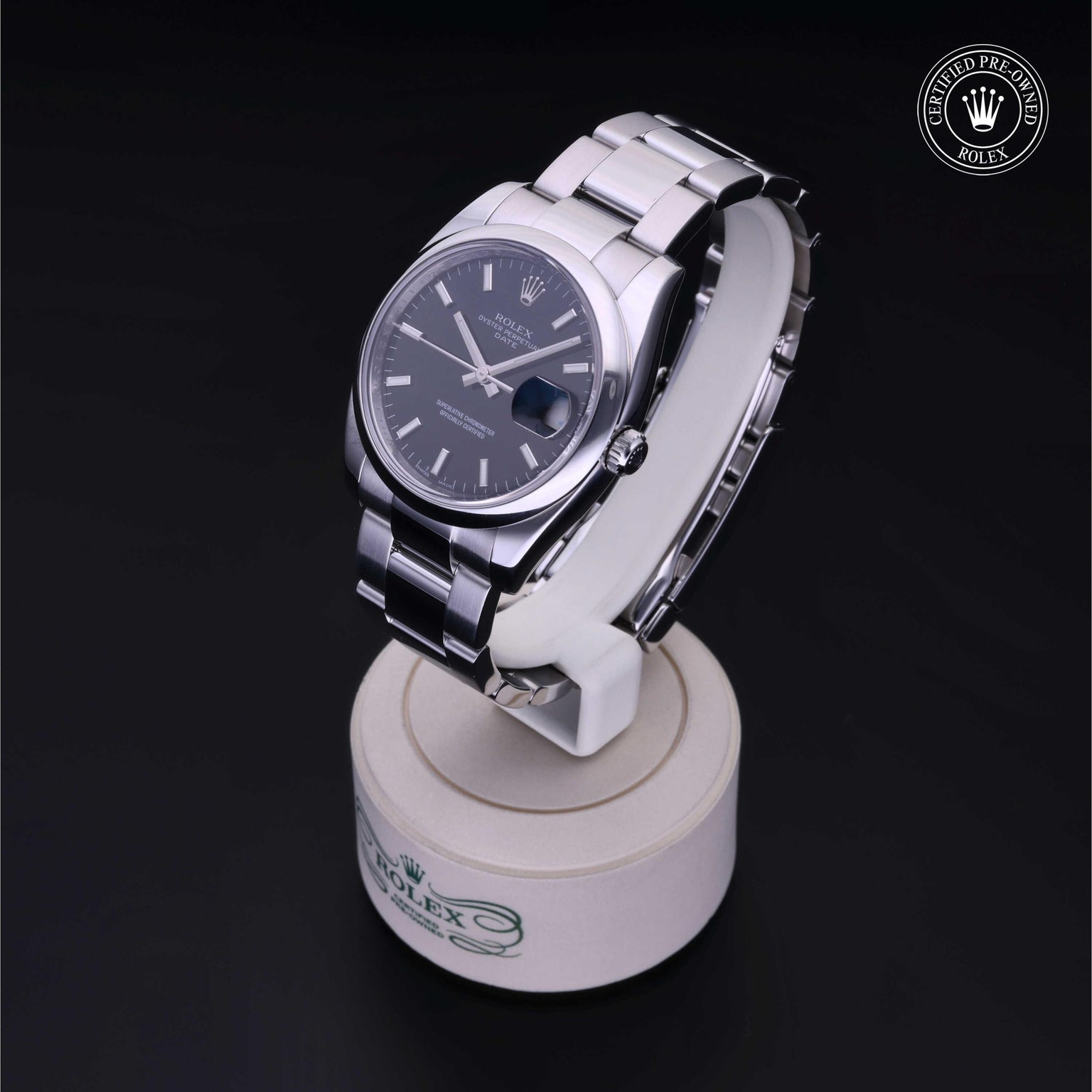Rolex Certified Pre-owned Oyster Perpetual M115200-0004 front on black background