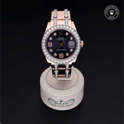 Rolex Certified Pre-owned Pearlmaster M86285-0003 front on black background