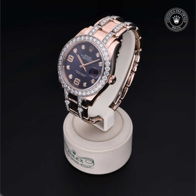 Rolex Certified Pre-owned Pearlmaster M86285-0003 front on black background