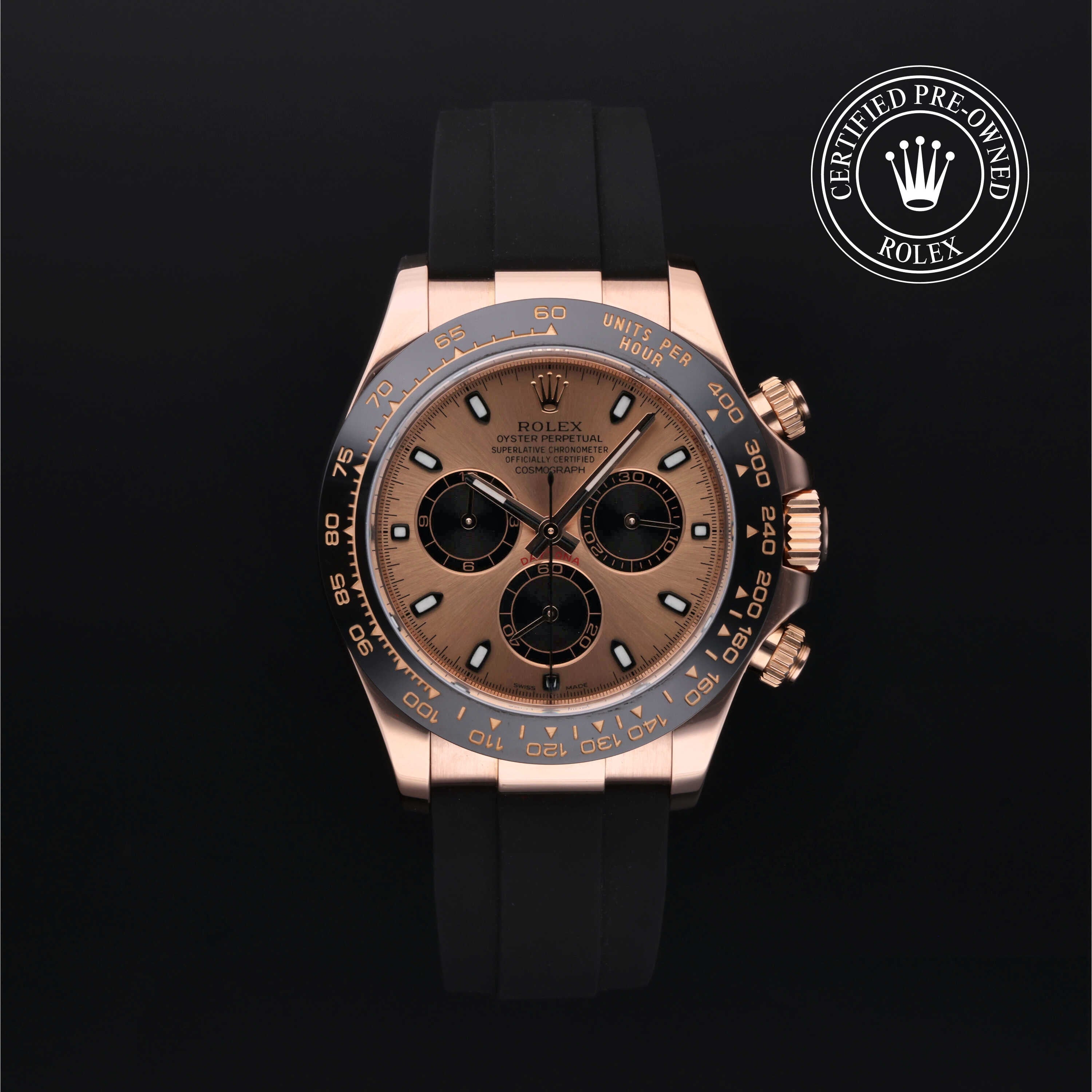 Rolex Certified Pre-owned Daytona M116515LN-0013 front on black background