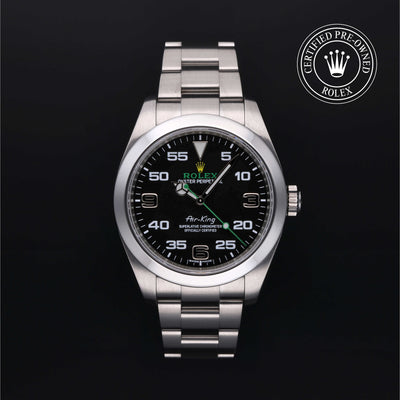 Rolex Certified Pre-owned Air-King M116900-0001 front on black background