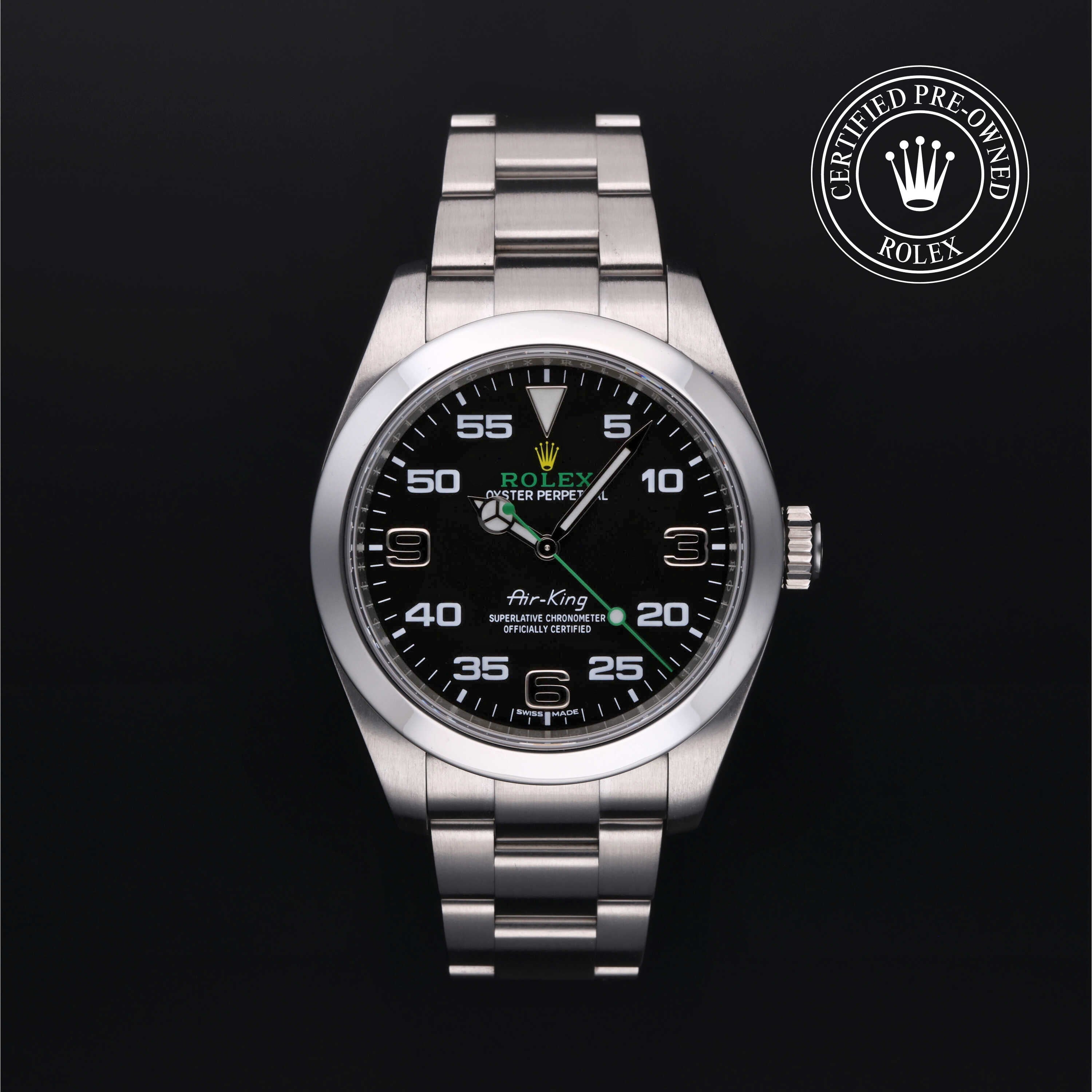 Rolex Certified Pre-owned Air-King M116900-0001 front on black background