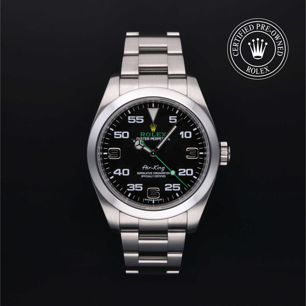 Rolex Certified Pre-owned Air-King M116900-0001 front on black background