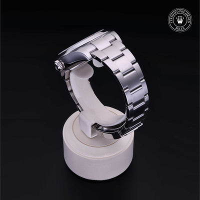 Rolex Certified Pre-owned Air-King M116900-0001 front on black background