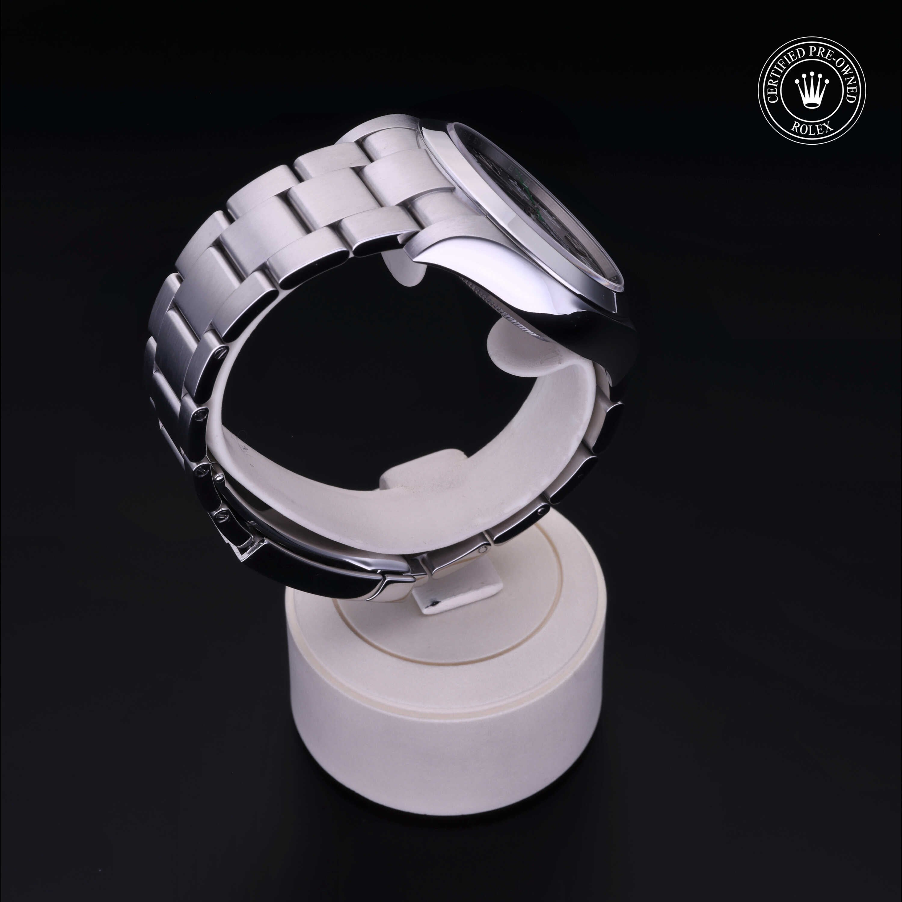 Rolex Certified Pre-owned Air-King M116900-0001 front on black background