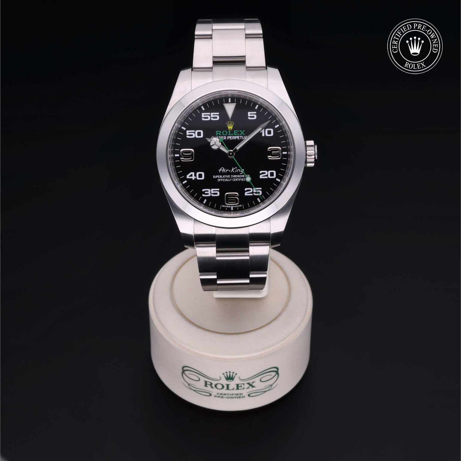 Rolex Certified Pre-owned Air-King M116900-0001 front on black background