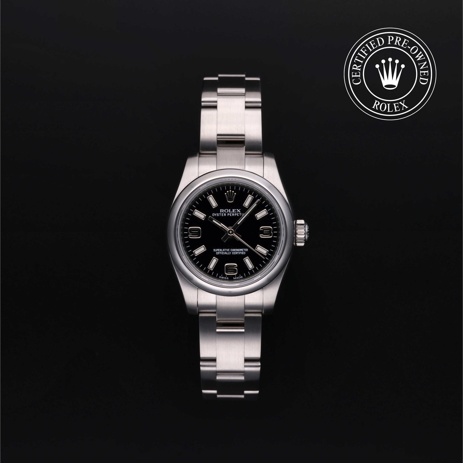 Rolex Certified Pre-owned Oyster Perpetual M176200-0002 front on black background
