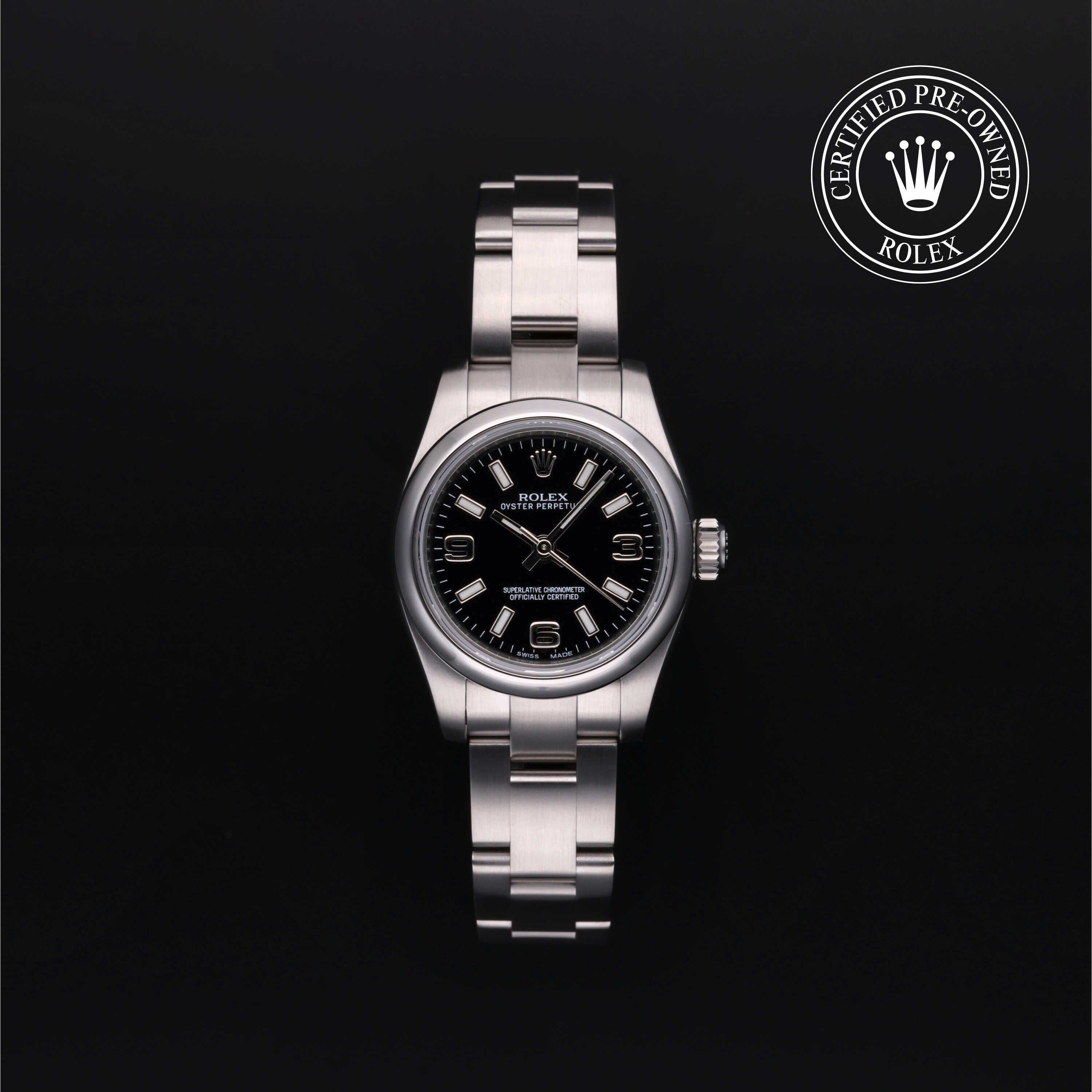 Rolex Certified Pre-owned Oyster Perpetual M176200-0002 front on black background