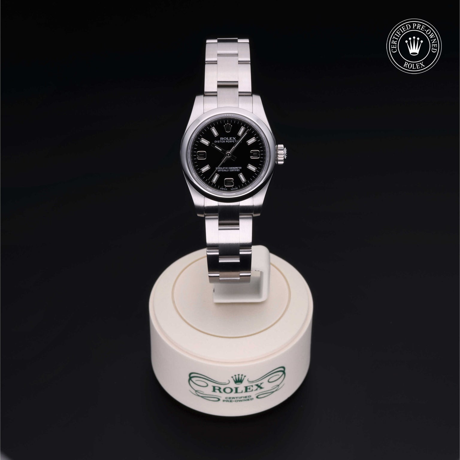Rolex Certified Pre-owned Oyster Perpetual M176200-0002 front on black background