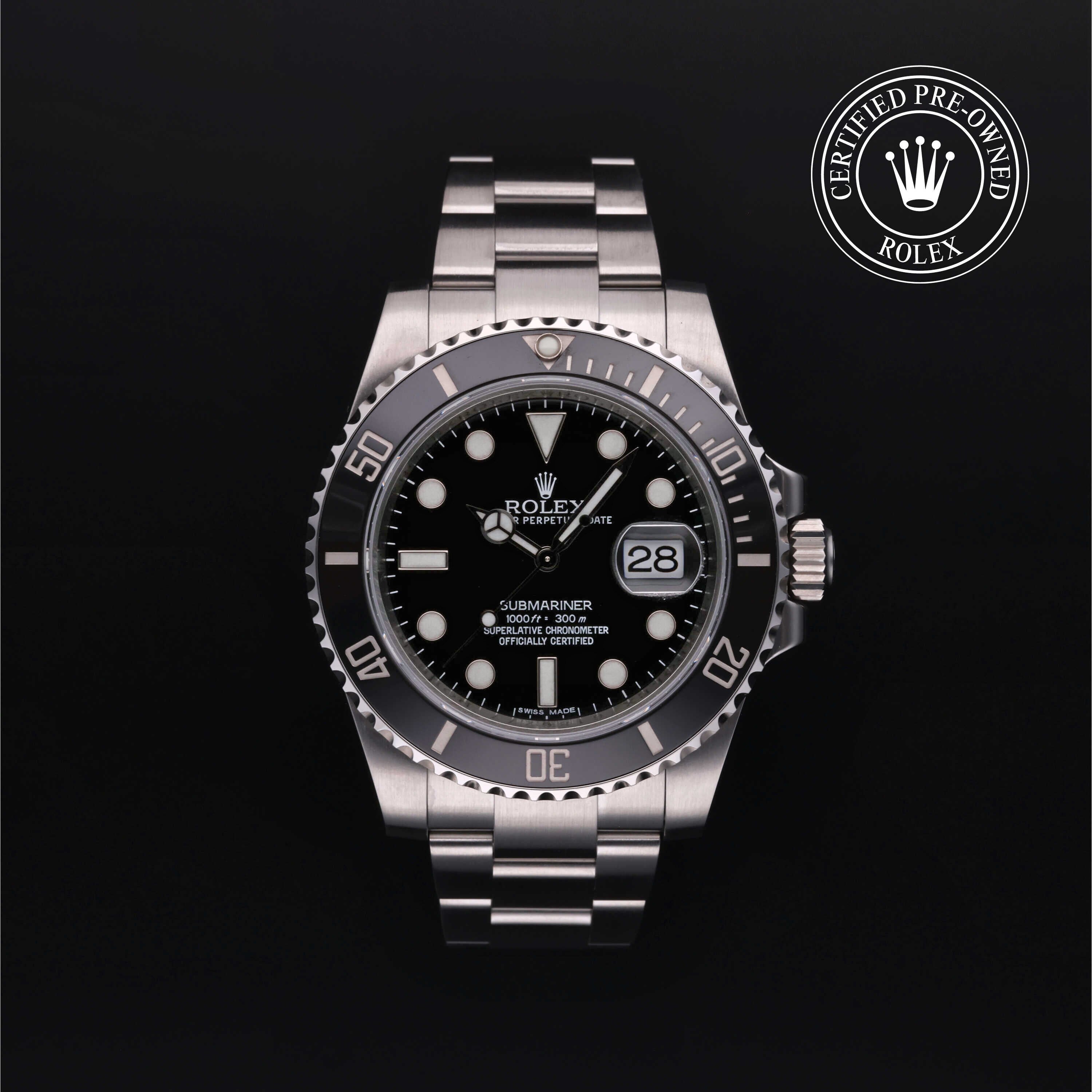 Rolex Certified Pre-owned Submariner M116610LN-0001 front on black background