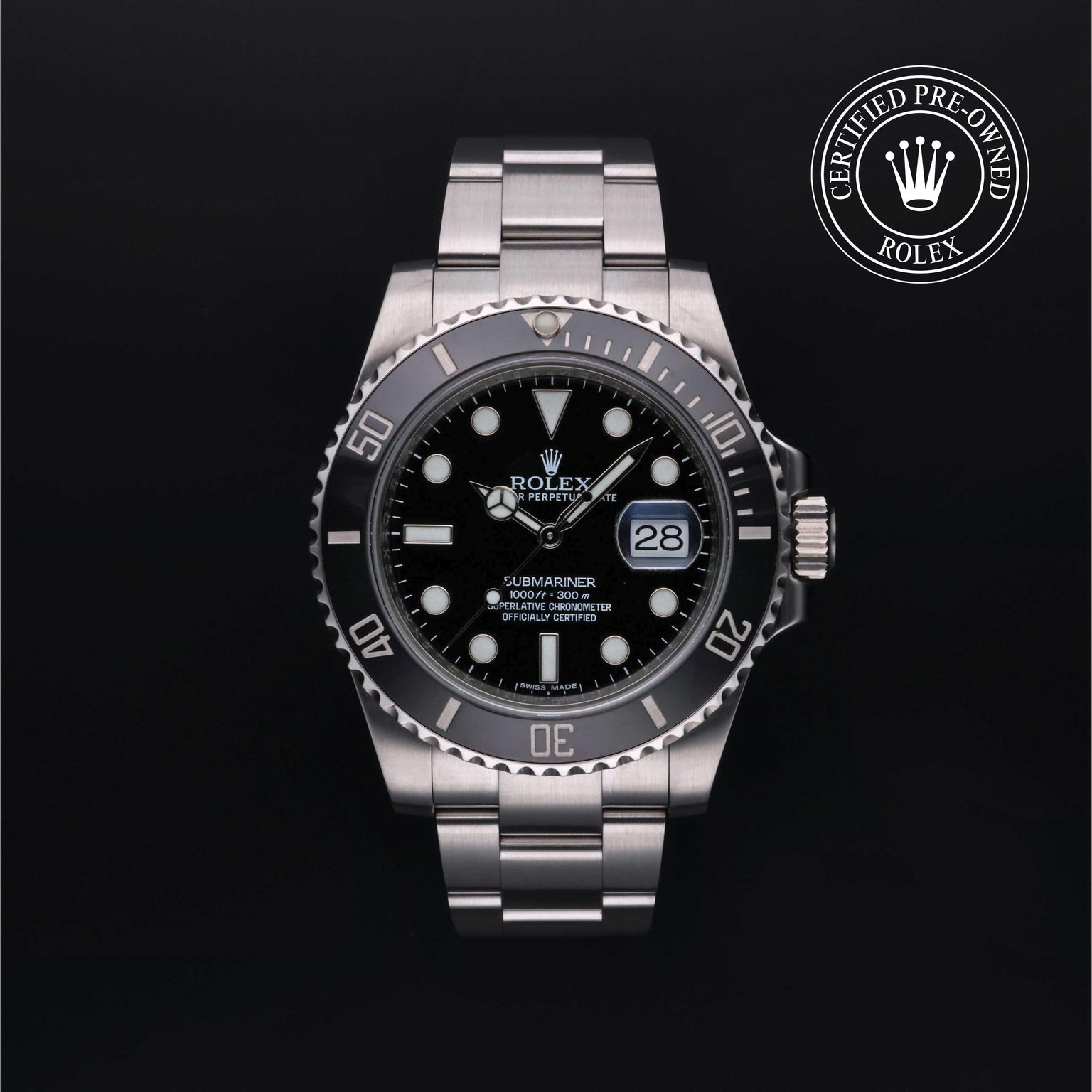 Rolex Certified Pre-owned Submariner M116610LN-0001 front on black background