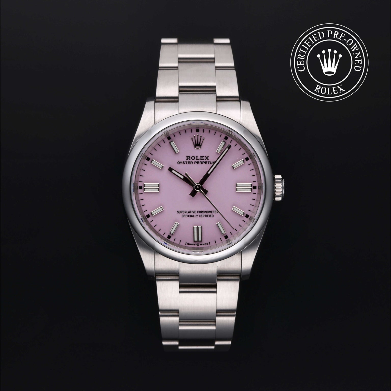 Rolex Certified Pre-owned Oyster Perpetual M126000-0008 front on black background