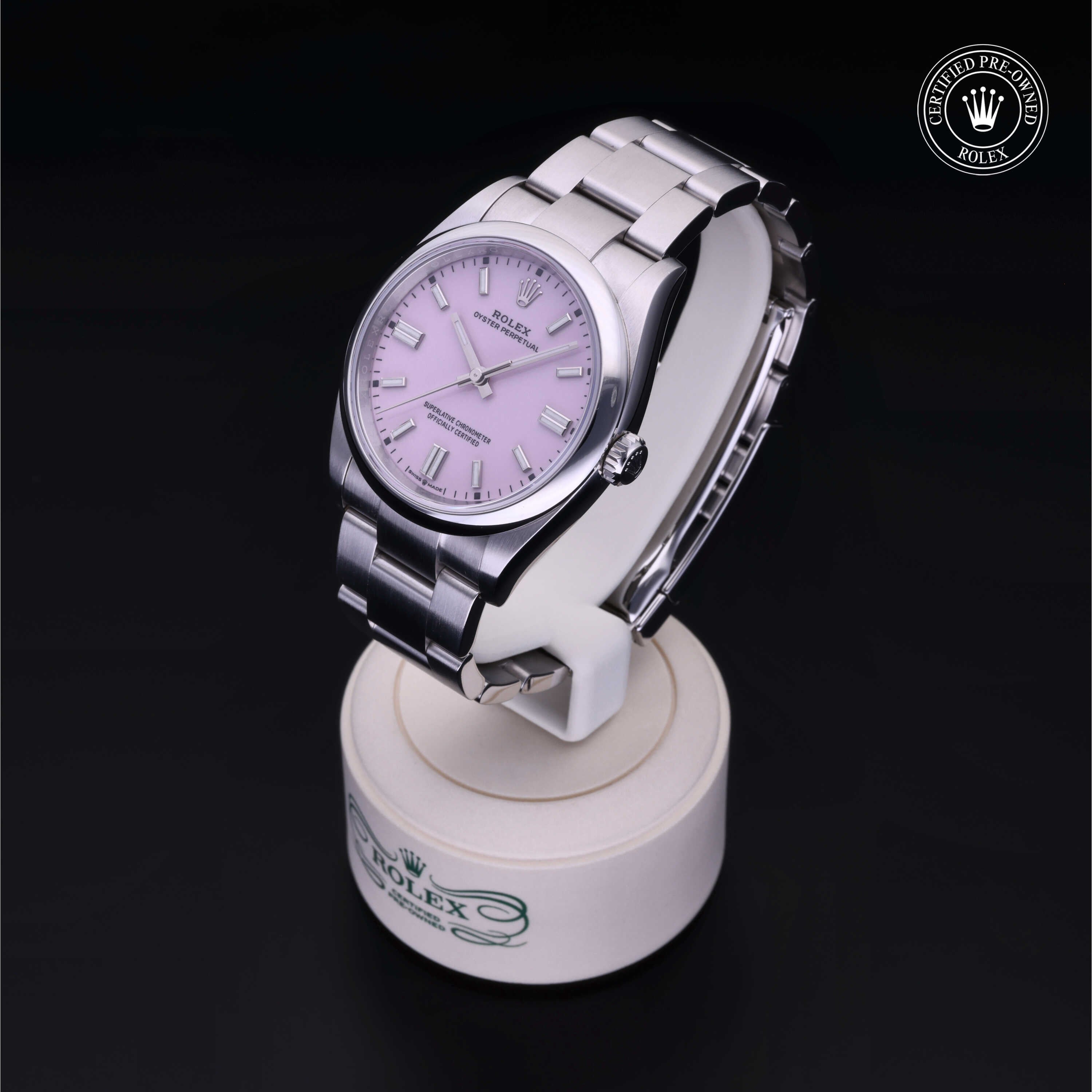 Rolex Certified Pre-owned Oyster Perpetual M126000-0008 front on black background