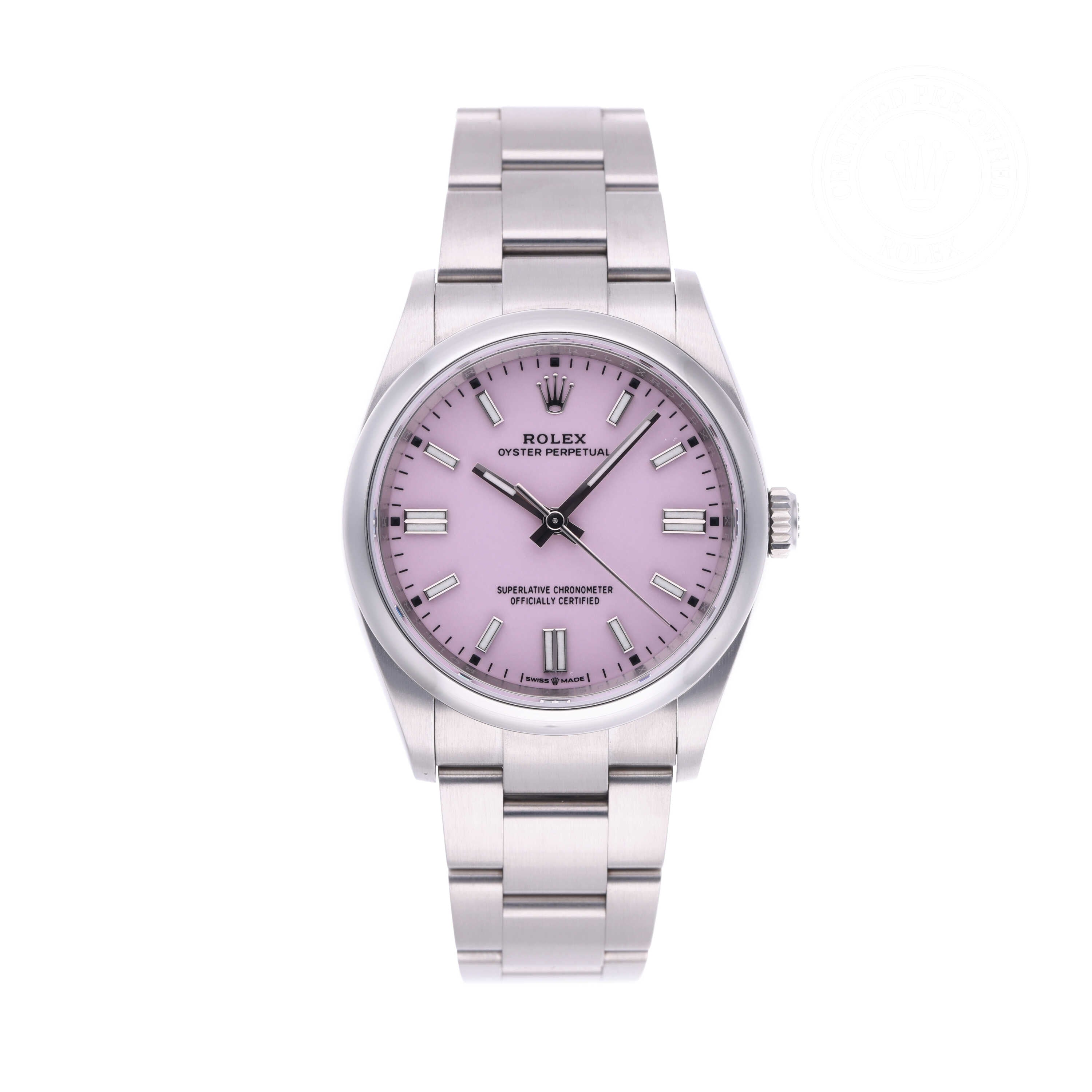 Rolex Certified Pre-owned Oyster Perpetual M126000-0008 front on white background