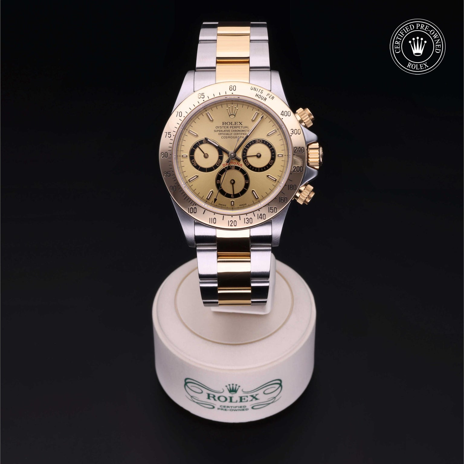 Rolex Certified Pre-owned Daytona M16523-0002 front on black background