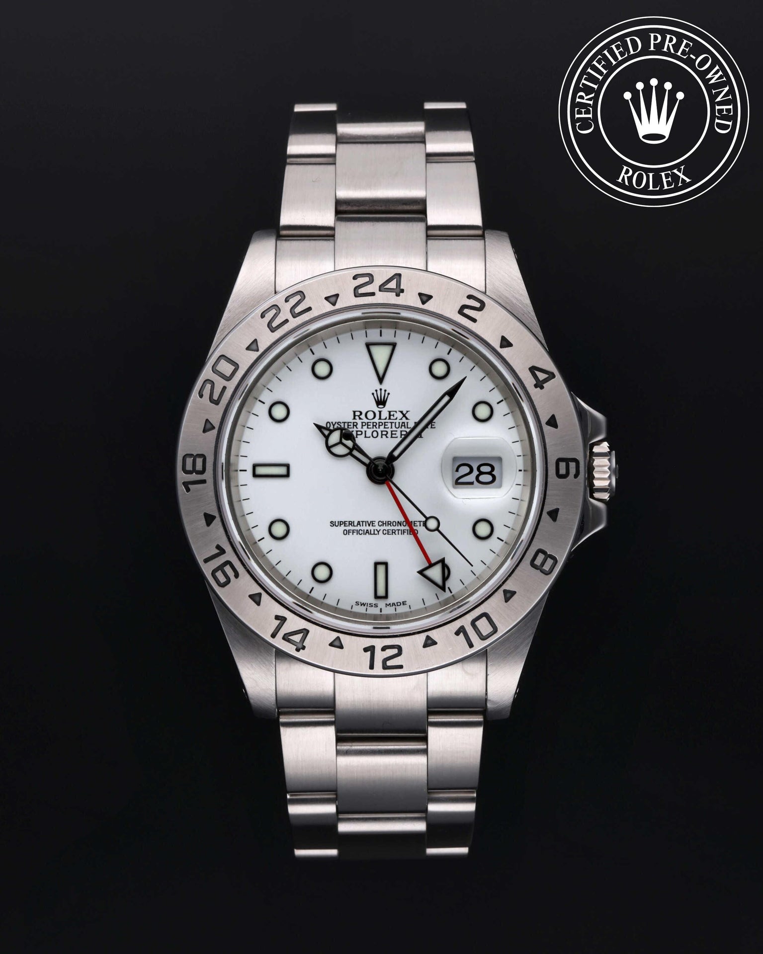 Rolex Certified Pre-owned Explorer M16570-0006 front on black background