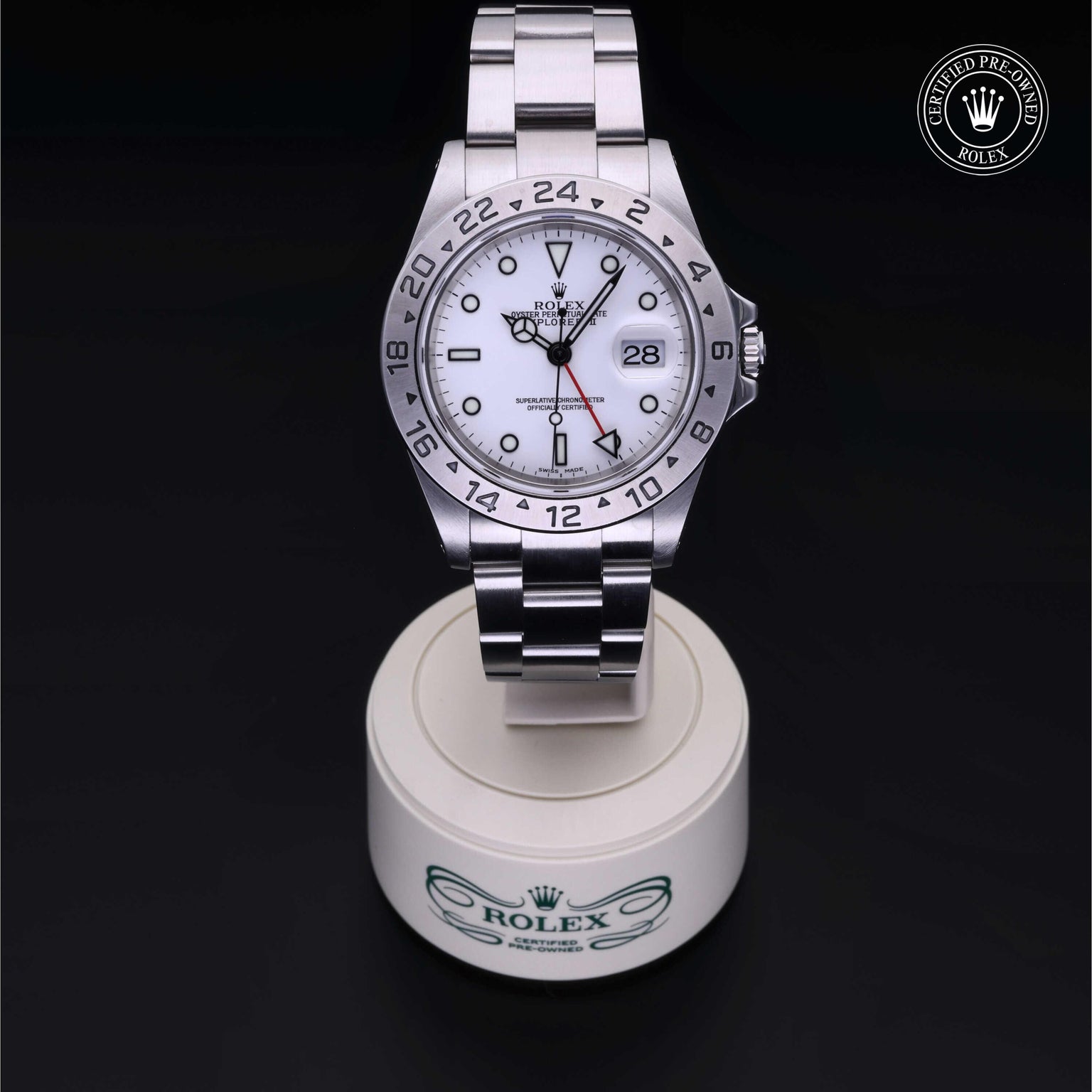 Rolex Certified Pre-owned Explorer M16570-0006 front on black background