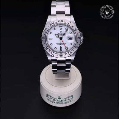Rolex Certified Pre-owned Explorer M16570-0006 front on black background