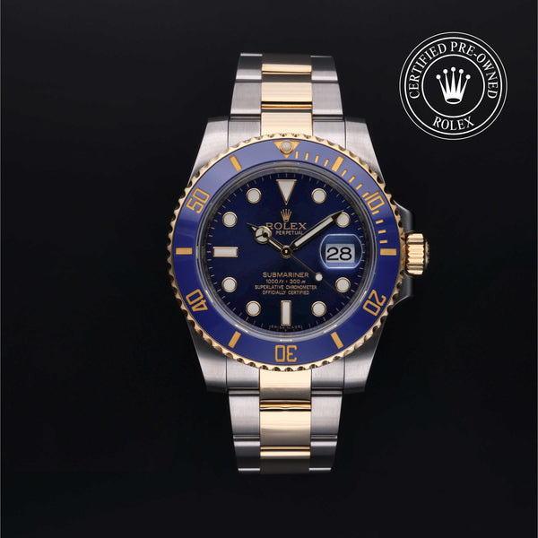 Rolex Certified Pre-owned Submariner M116613LB-0005 front on black background
