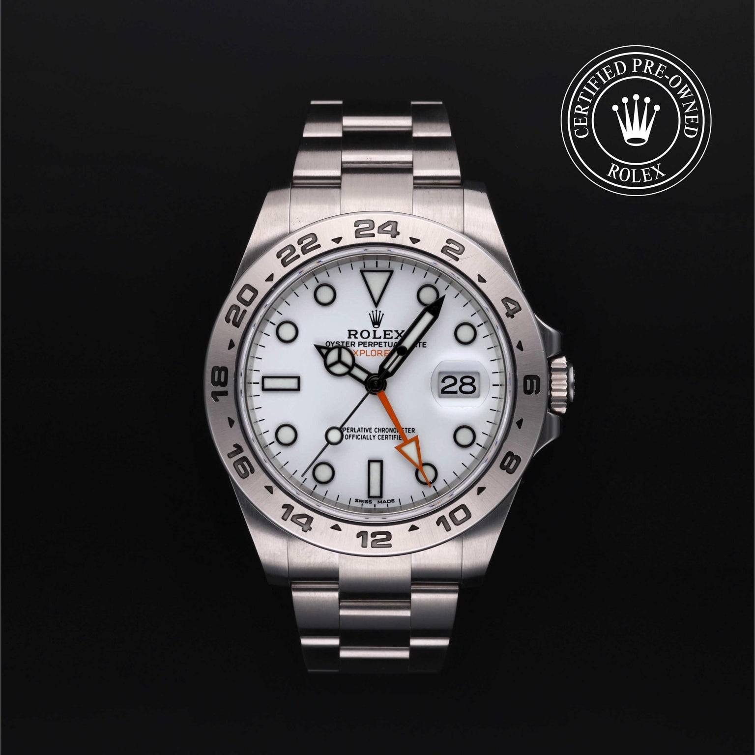 Rolex Certified Pre-owned Explorer M216570-0001 front on black background