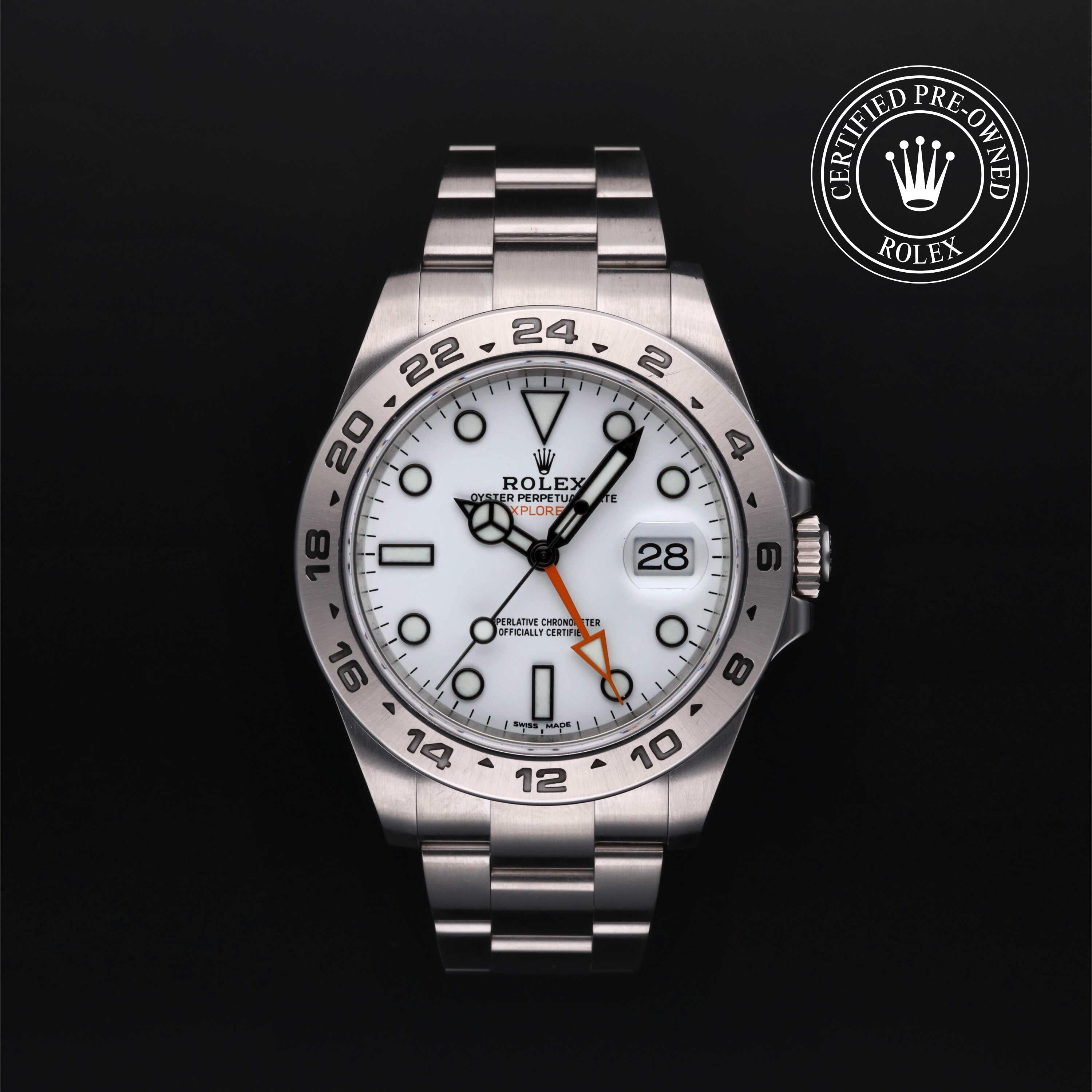 Rolex Certified Pre-owned Explorer M216570-0001 front on black background