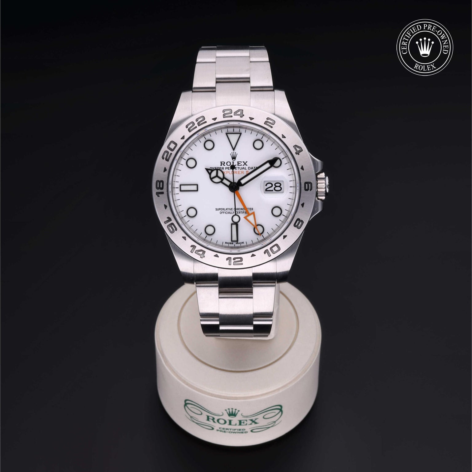 Rolex Certified Pre-owned Explorer M216570-0001 front on black background