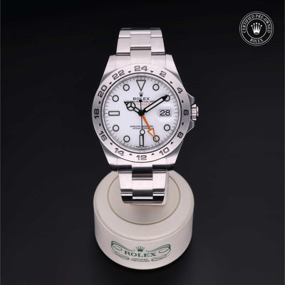 Rolex Certified Pre-owned Explorer M216570-0001 front on black background