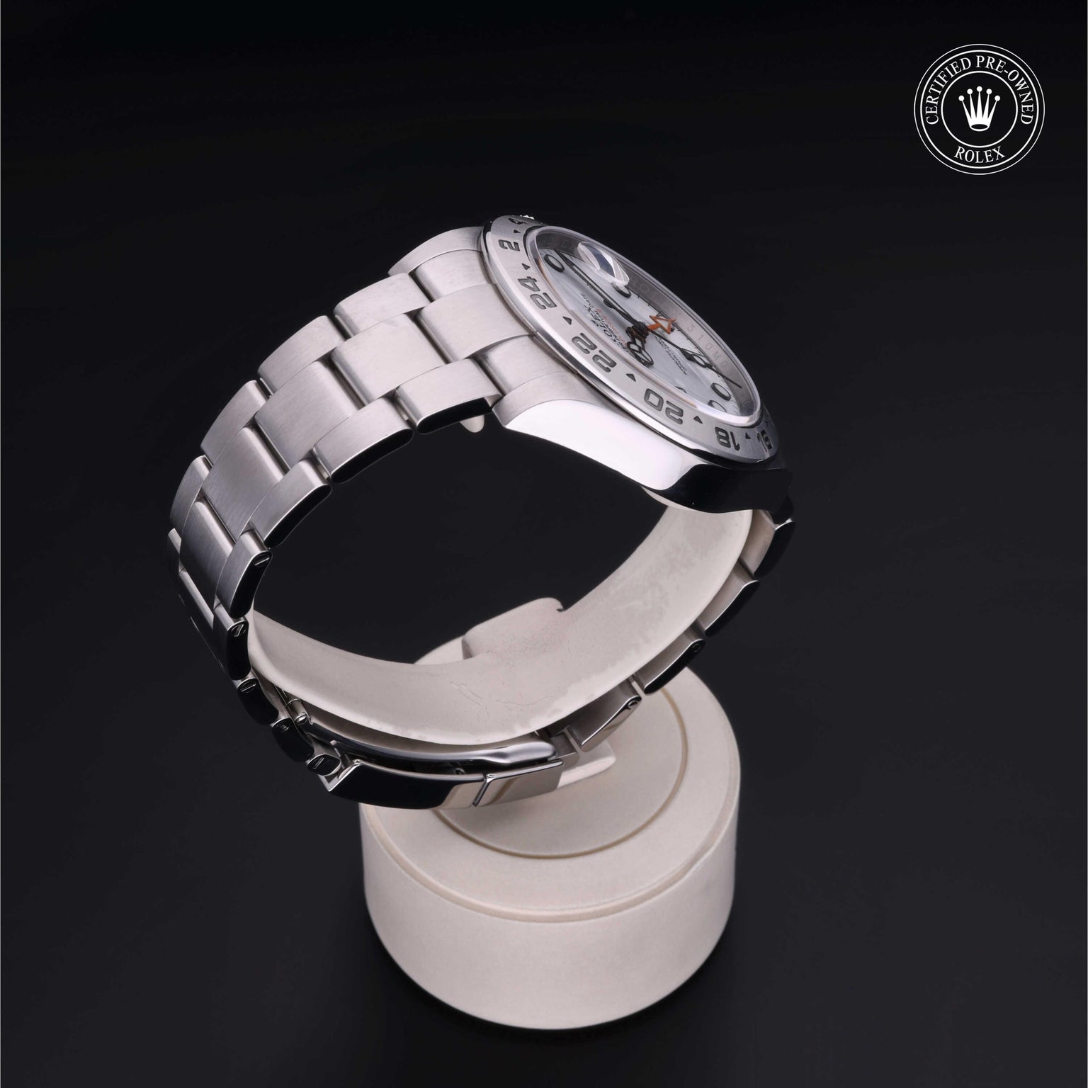 Rolex Certified Pre-owned Explorer M216570-0001 front on black background
