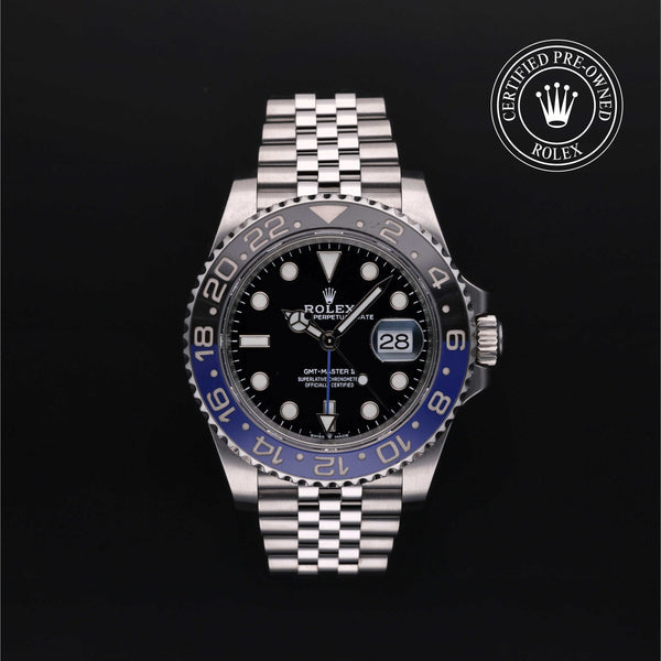 Rolex Certified Pre-owned GMT M126710BLNR-0002 front on black background