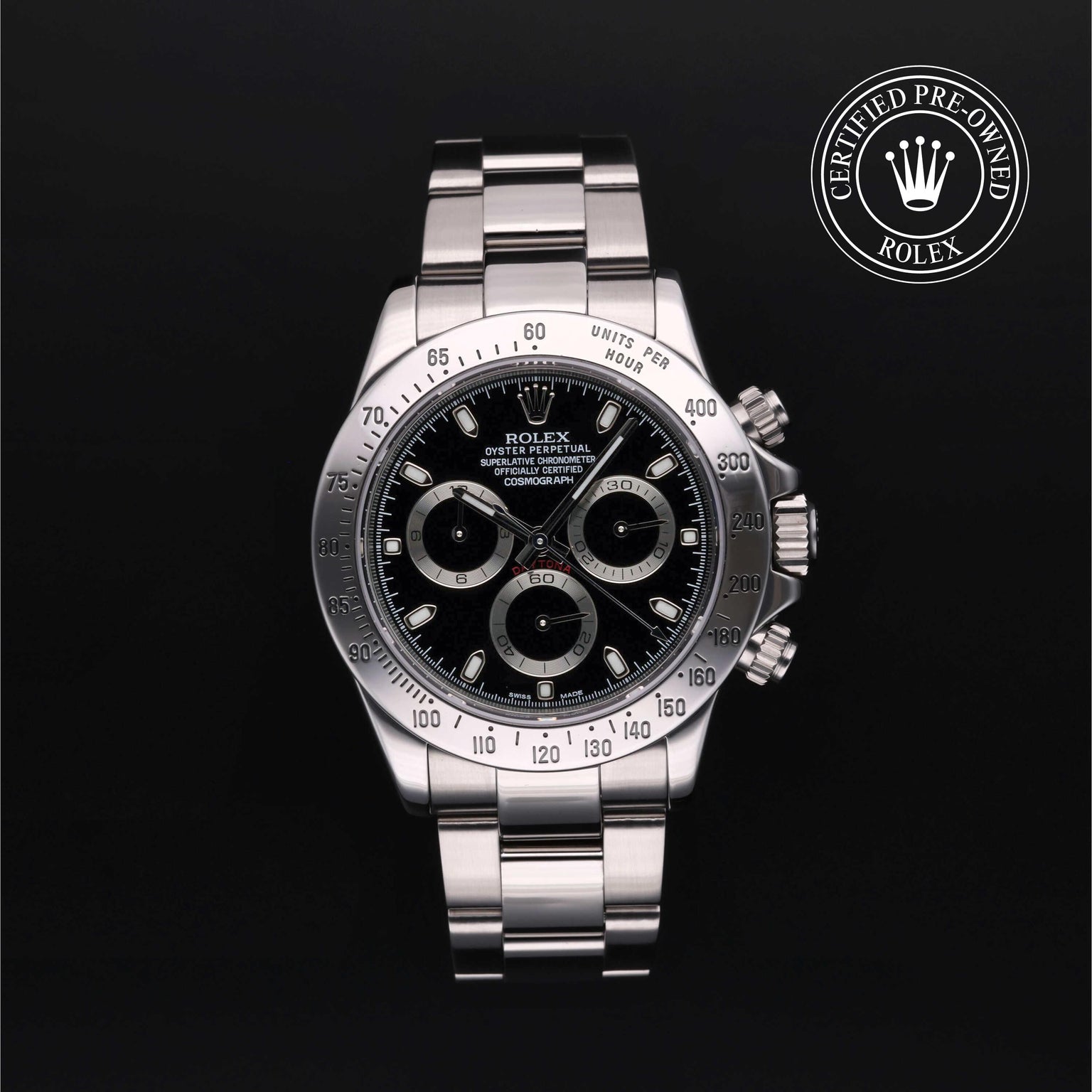 Rolex Certified Pre-owned Daytona M116520-0011 front on black background