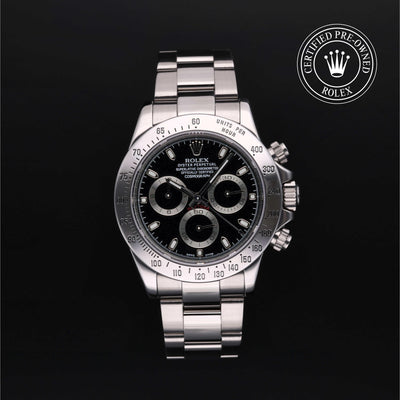 Rolex Certified Pre-owned Daytona M116520-0011 front on black background