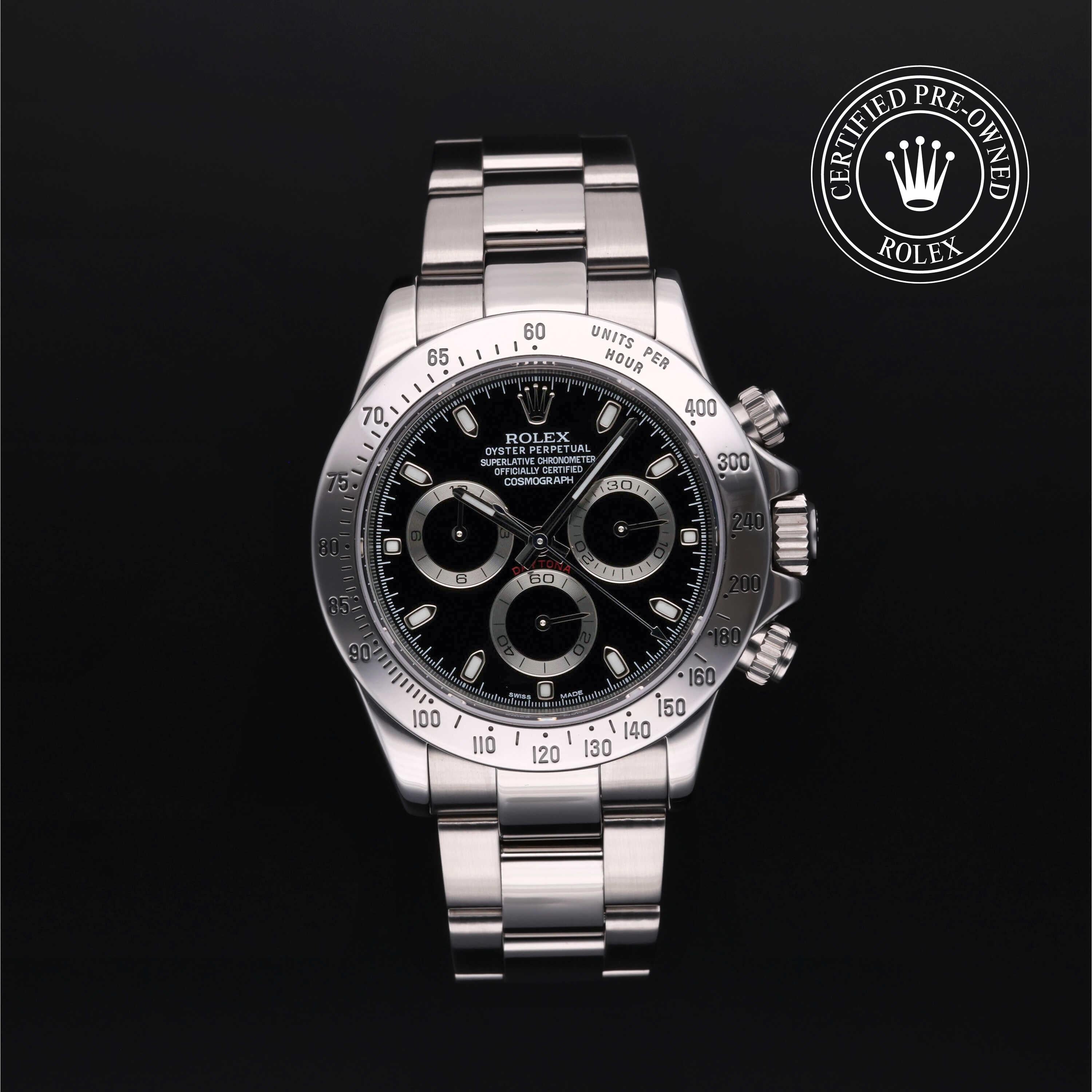 Rolex Certified Pre-owned Daytona M116520-0011 front on black background