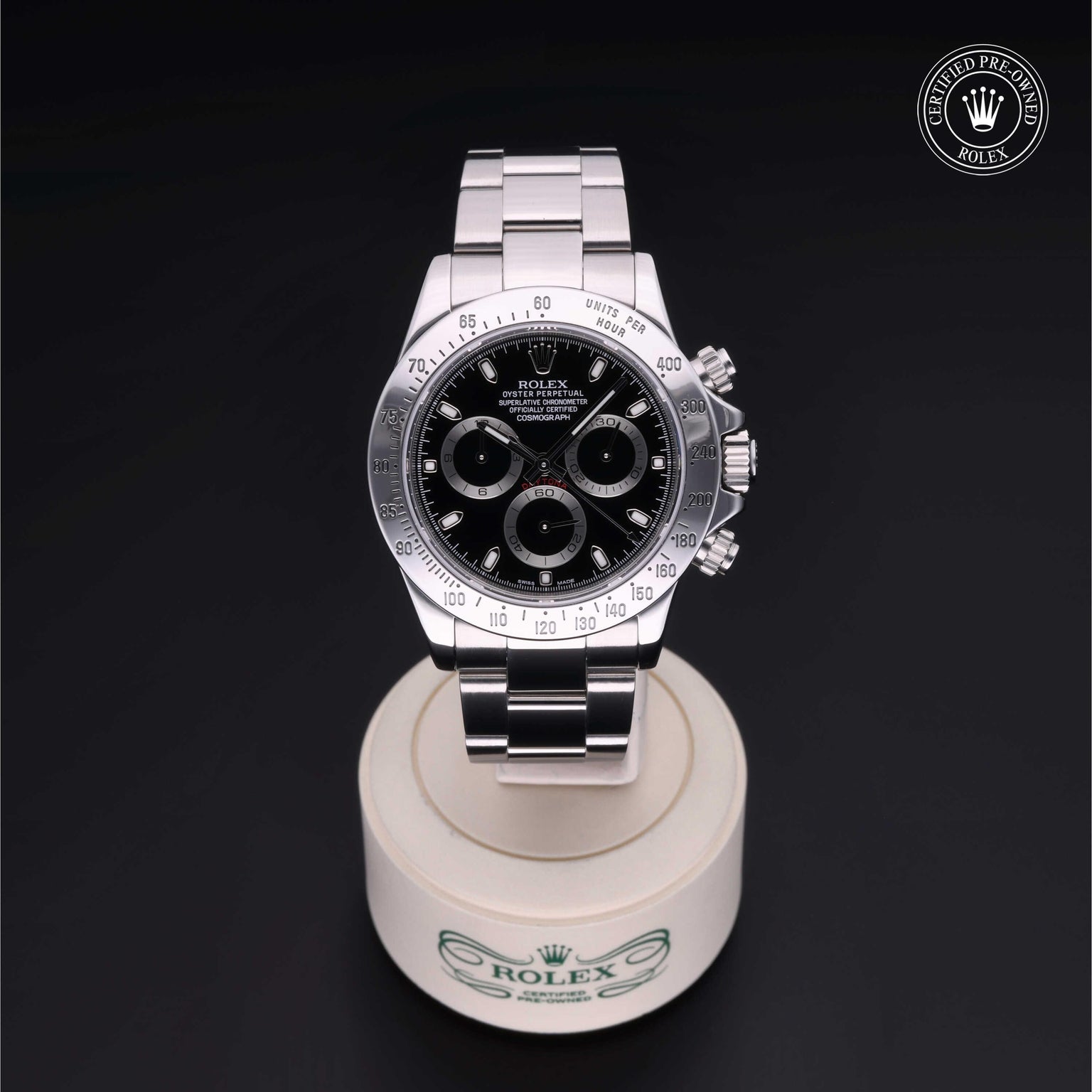 Rolex Certified Pre-owned Daytona M116520-0011 front on black background