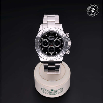 Rolex Certified Pre-owned Daytona M116520-0011 front on black background